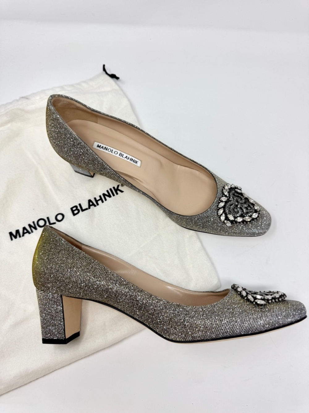 Manolo Blahnik Hangisi Glitter Block Heel Pumps - Silver Crystal Buckle
